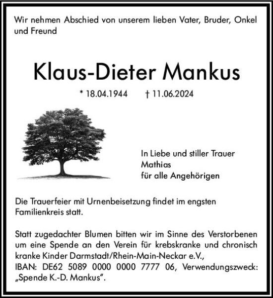Traueranzeige von Klaus-Dieter Mankus von Darmstädter Echo