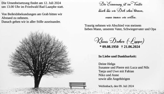 Traueranzeige von Klaus Dreher von Hinterländer Anzeiger