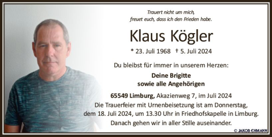 Traueranzeige von Klaus Kögler von Nassauische Neue Presse