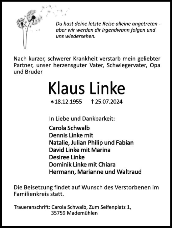 Traueranzeige von Klaus Linke von Dill Block