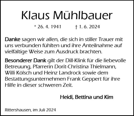 Traueranzeige von Klaus Mühlbauer von Dill Block