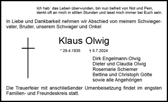Traueranzeige von Klaus Olwig von Dieburger Anzeiger/Groß-Zimmerner Lokal-Anzeiger