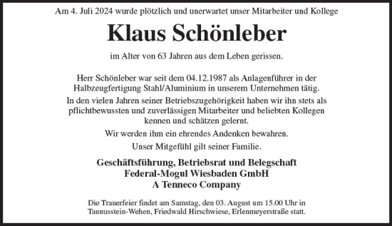 Traueranzeige von Klaus Schönleber von Wiesbadener Kurier