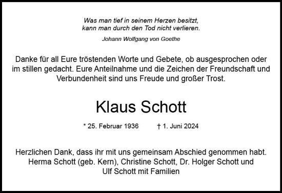 Traueranzeige von Klaus Schott von Dieburger Anzeiger/Groß-Zimmerner Lokal-Anzeiger