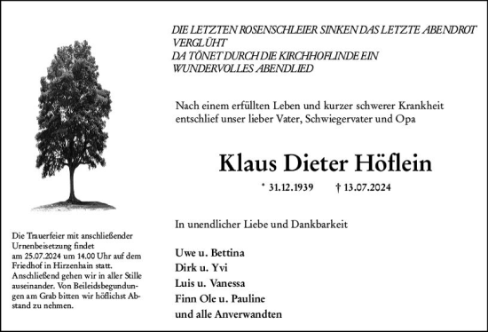Traueranzeige von Klaus Dieter Höflein von Dill Block