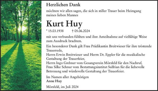 Traueranzeige von Kurt Huy von Allgemeine Zeitung Alzey