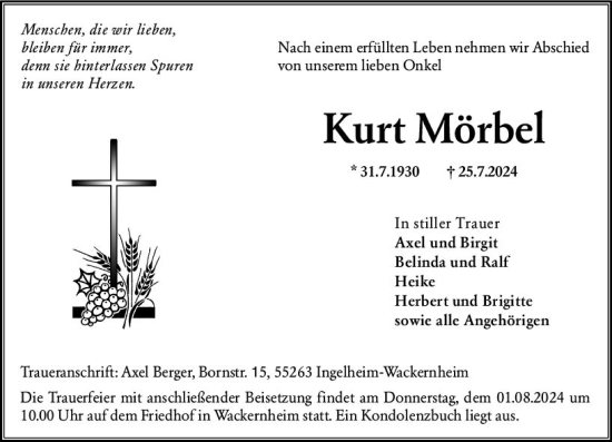Traueranzeige von Kurt Mörbel von Allgemeine Zeitung Rheinhessen-Nahe