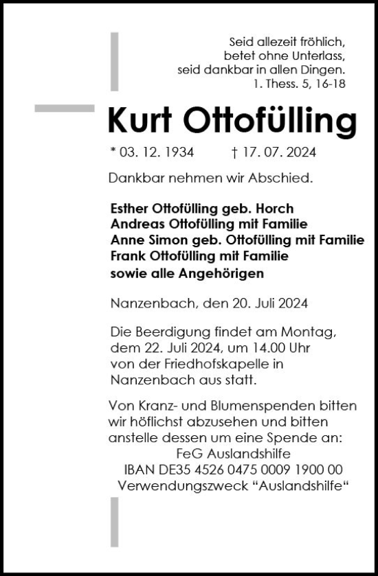 Traueranzeige von Kurt Ottofülling von Dill Block