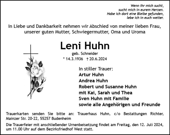 Traueranzeige von Leni Huhn von Allgemeine Zeitung Mainz