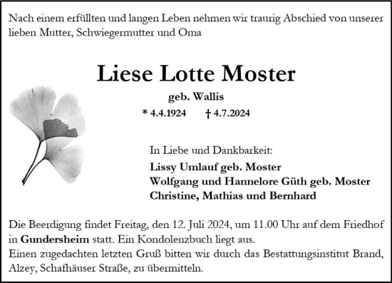 Traueranzeige von Liese  Moster von Wormser Zeitung