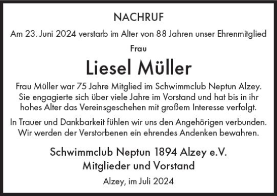 Traueranzeige von Liesel Müller von Allgemeine Zeitung Alzey