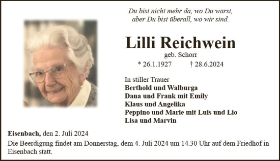 Traueranzeige von Lilli Reichwein von Nassauische Neue Presse