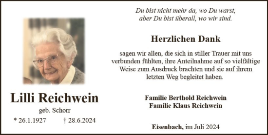 Traueranzeige von Lilli Reichwein von Camberger Anzeiger