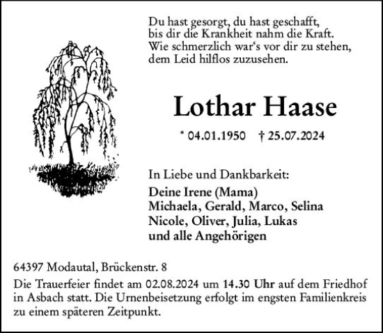 Traueranzeige von Lothar Haase von Darmstädter Echo