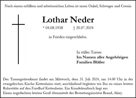Traueranzeige von Lothar Neder von Allgemeine Zeitung Alzey