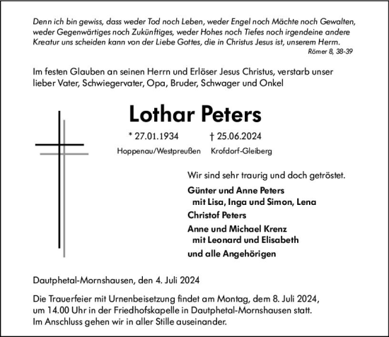 Traueranzeige von Lothar Peters von Hinterländer Anzeiger