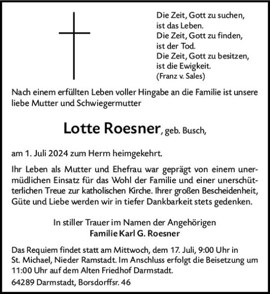 Traueranzeige von Lotte Roesner von Darmstädter Echo