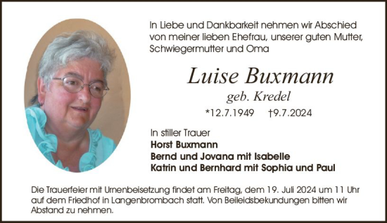 Traueranzeige von Luise Buxmann von Odenwälder Echo