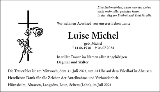 Traueranzeige von Luise Michel von Weilburger Tageblatt