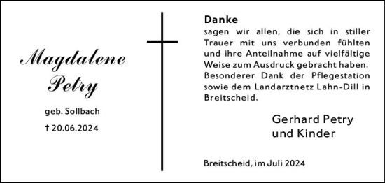 Traueranzeige von Magdalena Petry von Dill Block