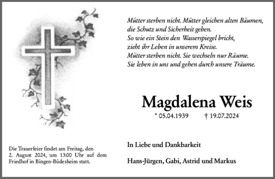 Traueranzeige von Magdalena Weis von Allgemeine Zeitung Rheinhessen-Nahe