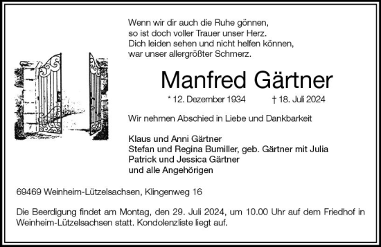Traueranzeige von Manfred Gärtner von Starkenburger Echo