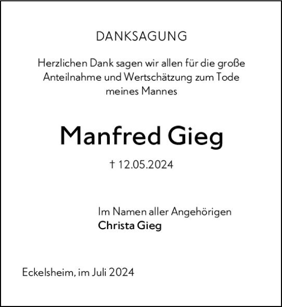 Traueranzeige von Manfred Gieg von Allgemeine Zeitung Alzey