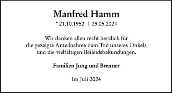 Traueranzeige von Manfred Hamm von Allgemeine Zeitung Alzey
