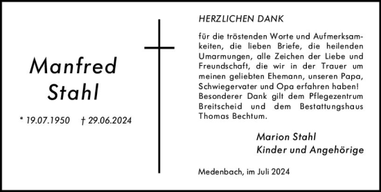 Traueranzeige von Manfred Stahl von Dill Block