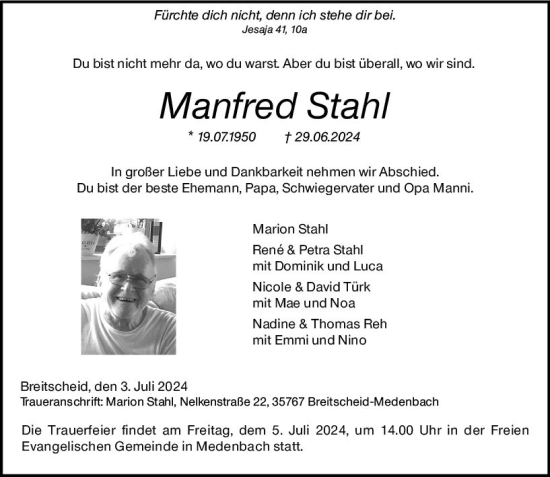 Traueranzeige von Manfred Stahl von Dill Block