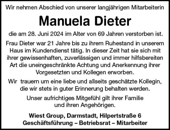 Traueranzeige von Manuela Dieter von Darmstädter Echo