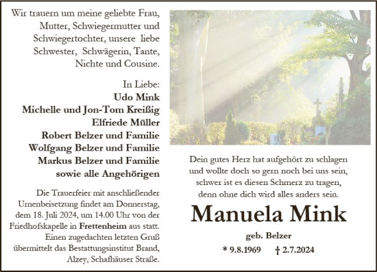 Traueranzeige von Manuela Mink von Allgemeine Zeitung Alzey