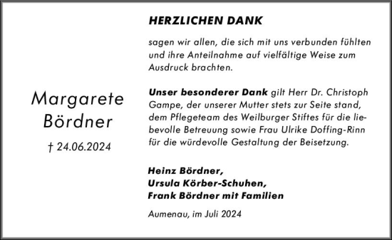 Traueranzeige von Margarete Bördner von Weilburger Tageblatt
