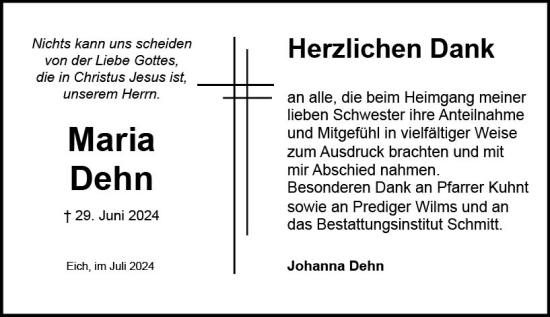 Traueranzeige von Maria Dehn von Wormser Zeitung