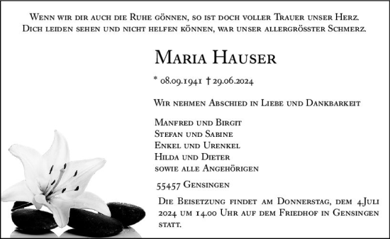 Traueranzeige von Maria Hauser von Allgemeine Zeitung Rheinhessen-Nahe