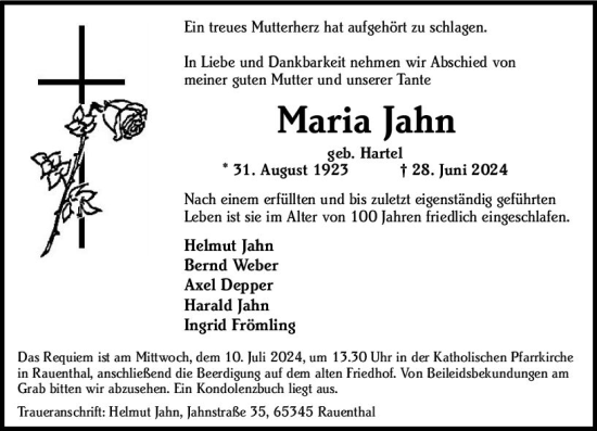 Traueranzeige von Maria Jahn von Wiesbadener Kurier