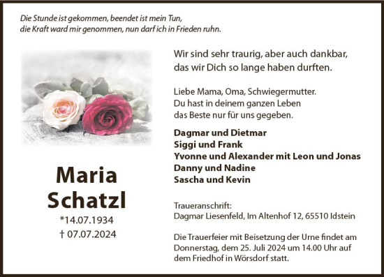 Traueranzeige von Maria Schatzl von Idsteiner Land/Untertaunus