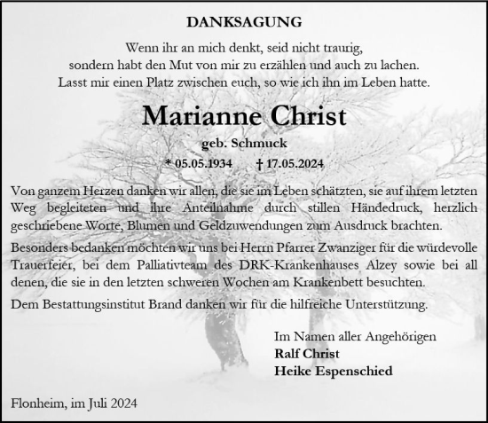 Traueranzeige von Marianne Christ von Allgemeine Zeitung Alzey