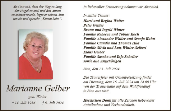 Traueranzeige von Marianne Gelber von Dill Block
