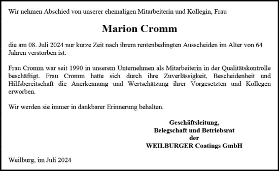 Traueranzeige von Marion Cromm von Weilburger Tageblatt