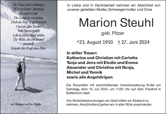 Traueranzeige von Marion Steuhl von Hinterländer Anzeiger