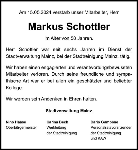 Traueranzeige von Markus Schottler von Allgemeine Zeitung Mainz
