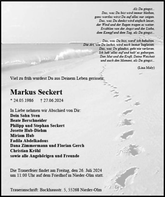 Traueranzeige von Markus Seckert von Allgemeine Zeitung Mainz