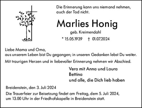 Traueranzeige von Marlies Honig von Hinterländer Anzeiger