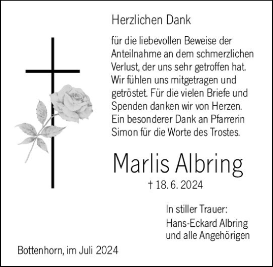 Traueranzeige von Marlis Albring von Hinterländer Anzeiger