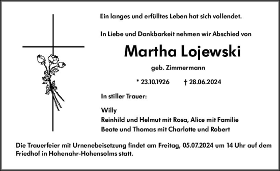 Traueranzeige von Martha Lojewski von Wetzlarer Neue Zeitung