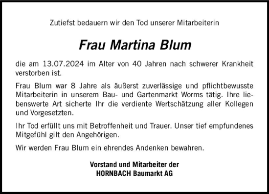 Traueranzeige von Martina Blum von Wormser Zeitung