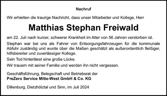 Traueranzeige von Matthias Stephan Freiwald von Hinterländer Anzeiger
