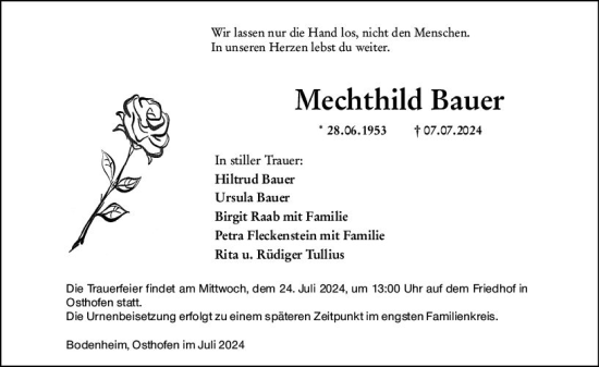 Traueranzeige von Mechthild Bauer von Allgemeine Zeitung Mainz
