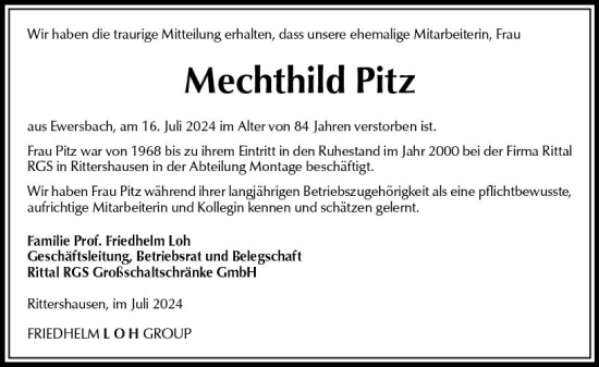 Traueranzeige von Mechthild Pitz von Dill Block